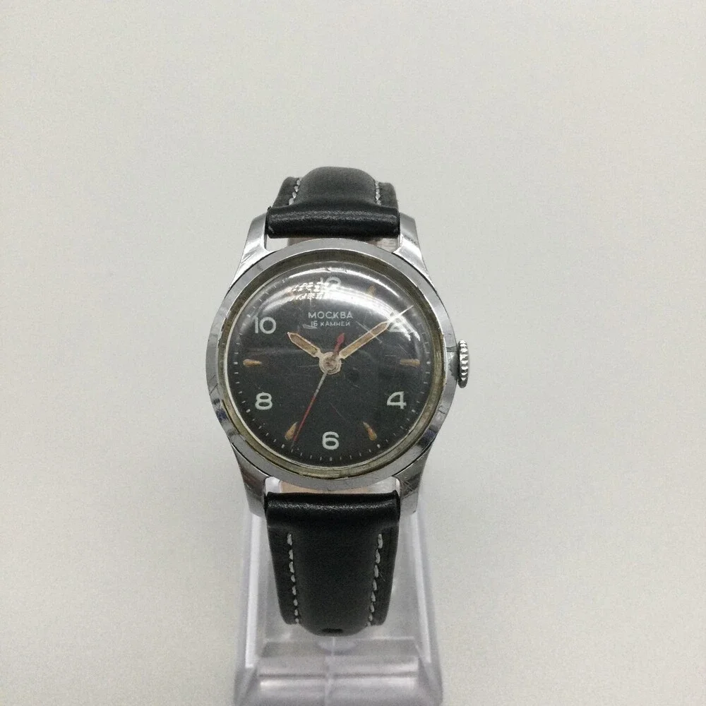 Vintage Moskva Mens Watch 29mm Black Dial Leather USSR Soviet Russia Moskva